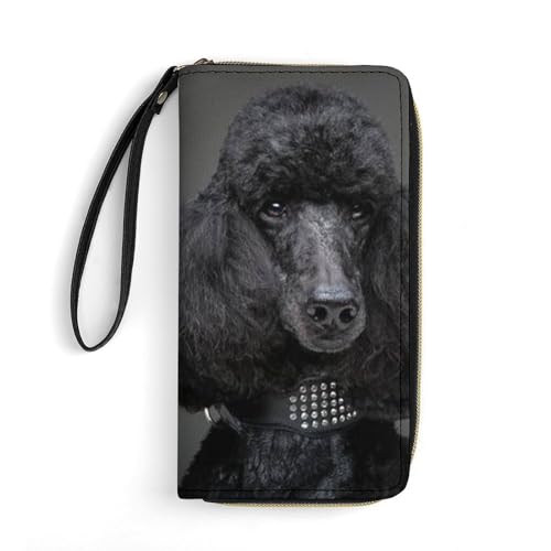 Adorable Black Poodle Leather Wallet Card Holder Purse Clutch Phone Pocket Credit Card Holder with Wristlet Strap