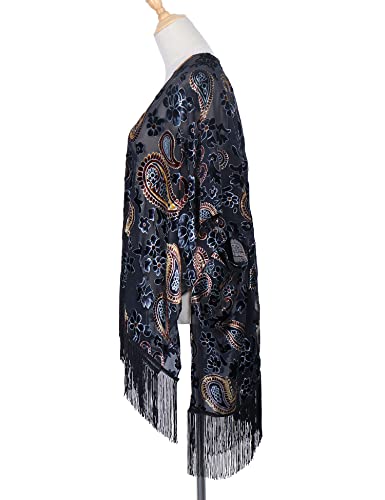 Image of MJ SERECA Women's Burnout Velvet Kimono Cardigan Cover Up with Tassel