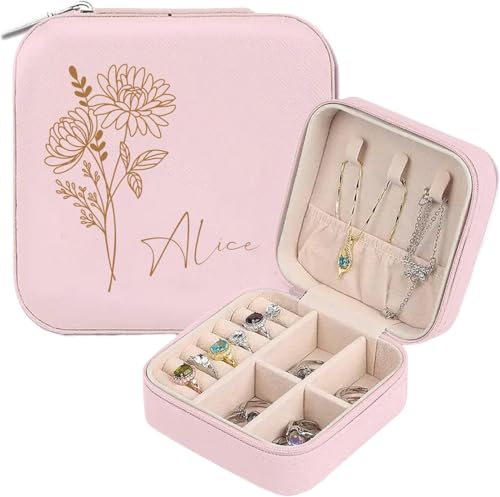 Personalisierte Schmuckkasten Mädchen, Reise Schmuckkästchen Personalisiert, Maßgeschneiderte Schmuckbox mit Ihren Initialen Namen und Geburtsblumen, Geschenk für Frauen und Mädchen