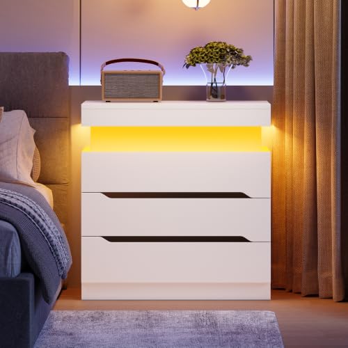 Image of TEENFON Night Stand with 3 Drawers, Nightstand with App-Controlled Adjustable LED Light, Bedside Table with Slidable Hidden Storage Space, Modern Nightstands for Bedroom,White