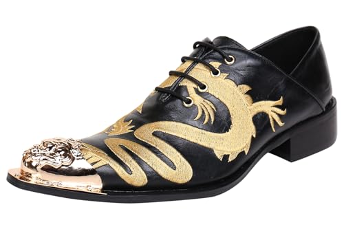 Santimon Mens Western Pointed Toe Leather Lace Up Dress Shoes Fashion Embroidery Metal Tip Oxford