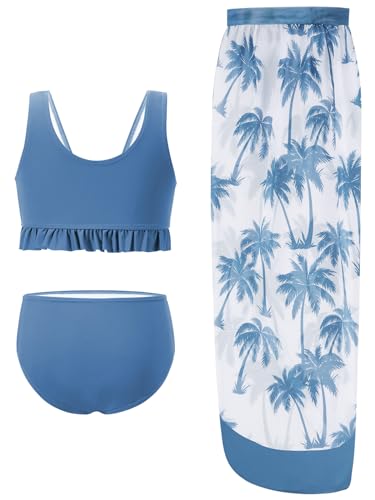 Image of ESHOO Girls Swimsuits 3 Piece Bikinis Sets with Cover Up Skirt Warp Bathing Suit Beach Swimwear for Teen Girls 10-14 Years