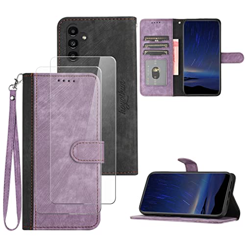 Flip Custodia Premium per Samsung Galaxy A14 5G+2 Pezzi Vetro Temperato .Custodia Sottile per Telefono Supporto Stand Chiusura Magnetica viola-viola pelle sintetica