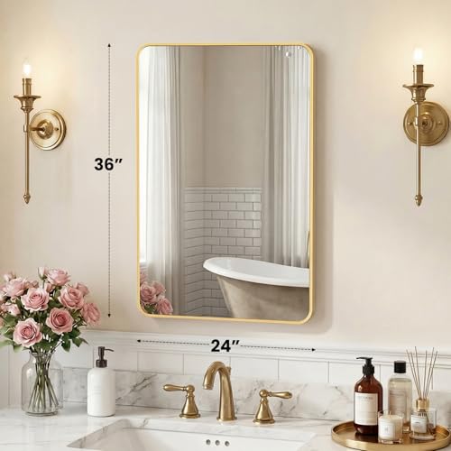 Image of NEWBULIG 24X36 Inch Bathroom Mirror, Rectangle Wall Mirror with Rounded Corners, Gold Vanity Mirrors for Bathroom Sink with Metal Frame for Bedroom, Entryway, Hangs Horizontally or Vertically