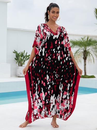 Image of KECVOT Kaftan Dresses for Women V-Neck Print Swimsuit Cover Up Plus Size Beach Caftan Lounge Dress