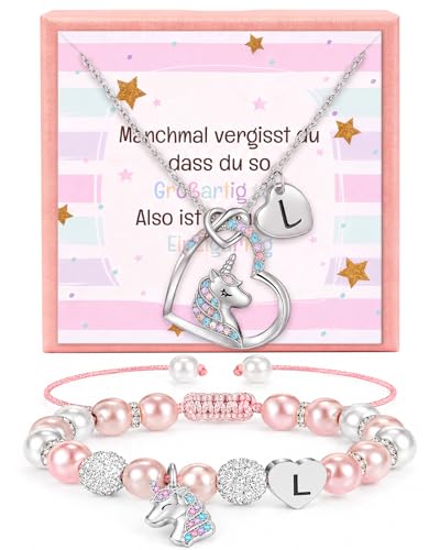 Cadeau personnalisé fille de 6 à 12 ans : bracelet licorne et collier avec lettre gravée