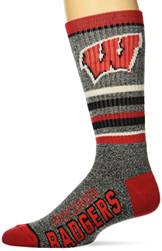 For Bare Feet Mens NCAA Wisconsin Badgers 5 Star Crew Sock Marble Grey Large