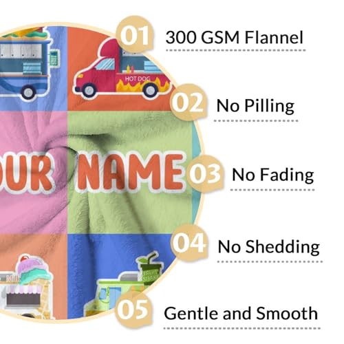 Personalized Food Truck Blanket Gifts with Name - 40x50 Inches Funny Throw Blanket for Boys & Kids - Colorful Soft Fuzzy Car Blankets for Bed, Couch & Living Room