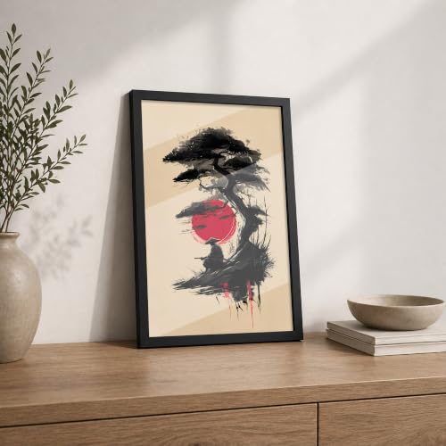 Image of Samurai & Bonsai Premium Framed Wall Poster (12x18 Inch) | Japanese Warrior & Red Sun Wall Art | Zen Asian Decor for Bedroom, Living Room, Office & Workspace | Ready-to-Hang Display Frame