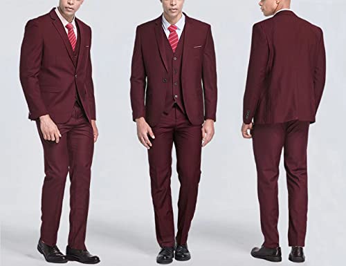 My's Men's 3 Piece Slim Fit Suit Set, One Button Solid Jacket Vest Pants With Tie Burgundy #TOP3