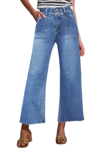 Allimy Womens High Rise Two Button Closure Cropped Jeans Wide Leg Front Slip Pockets Frayed Hem Denim Pant