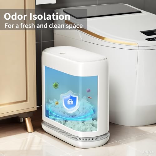 Image of Bathroom Trash Can with Lid, 3 Gallon Small Slim Garbage Bin with Auto-Adsorption & 75 Bags (5 Rolls), Mini Waste Basket Dog Proof for Bathroom, Kitchen, Office, Bedroom, Laundry, Toilet, Rv, White