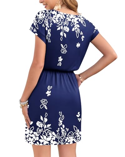 Image of AUSELILY Womens Summer Mini Dress, Short Sleeve V Neck Drawstring Casual | Tshirt dress with drawstring waist and pockets. Ideal sundress for daily outing, beach and vacation