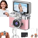 Mini Digital Camera with 1.47 in LCD Screen 1080p, Mini Retro Digital Camera Keychain with 64Gb Card - Flip Screen, Feel of Old 90s Photographs, Keychain Size, Birthday Gifts (Pink)