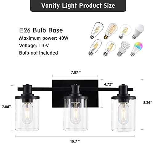Dadul 3 Light Bathroom Vanity Light, Black Bathroom Light Fixtures Over Mirror, Modern Black Vanity Light With Clear Glass Shade, Black Wall Sconce For Bathroom, Bedroom #TOP2