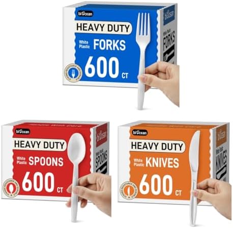 1800 Count Disposable Plastic Fork Spoons Knives Bulk White Heavy Duty Silverware - Value Pack Cutlery Set For Parties, Restaurant (600FORK+600SPOON+600KNIVES) image 5