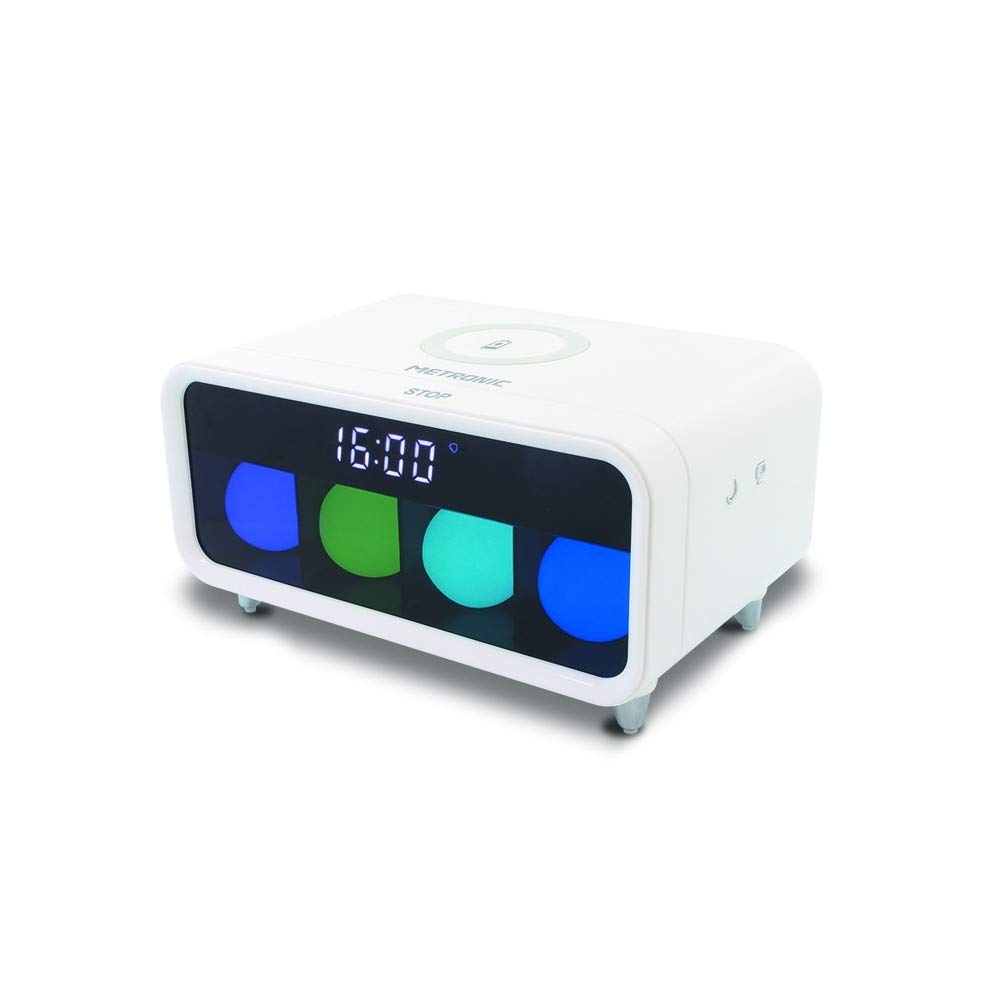 METRONIC 477029 - Sveglia con caricatore senza fili per induzione, effetti luminosi e tasti tattili, colore: Bianco