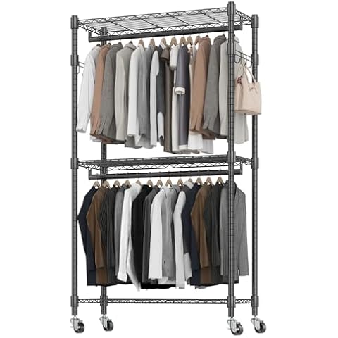 BATHWA Rolling Garment Rack Portable Closet Clothes Rack for Hanging Clothes, Metal Wardrobe Clothing Rack with Wheels and 8 Side Hooks, Double Rods, Adjustable Shelves, Black Cover