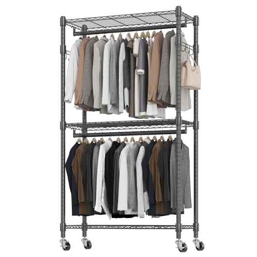 BATHWA Rolling Garment Rack Portable Closet Clothes Rack for Hanging Clothes, Metal Wardrobe Clothing Rack with Wheels and 8 Side Hooks, Double Rods, Adjustable Shelves, Black