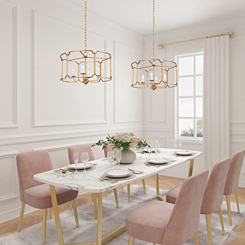 Laluz Gold Chandelier, Modern Drum Chandelier, Dining Room Lighting Fixtures Hanging With Antique Gold Finish For Kitchen & Living Room, 22’’W X 15’’H #TOP2
