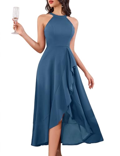 Image of Dressystar Womens 2026 Halter Slit Ruffle Wedding Guest Party Dress Elegant Maxi Long Sleeveless Formal Prom Cocktail Dresses