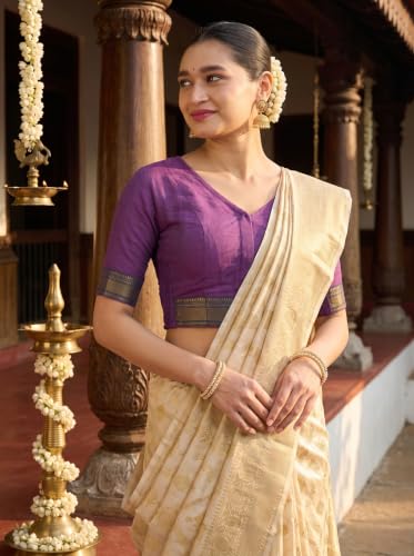 Image of Studio Shringaar Women's Handloom Cotton Stretchable (Smocked) Saree Blouse with Temple Zari Border