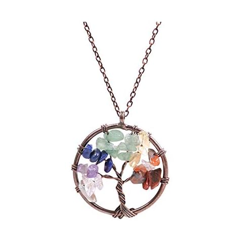 Tree of Life Necklace Pendant Natural Crystal Gemstone Copper Wire Wrapped Quartz Chakra Necklace Cover