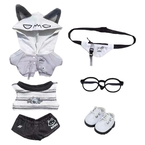 niannyyhouse 10cm 15cm 20cm ぬいぐるみ 衣装 パーカー ベスト ズボン バックパック 眼鏡 シューズ 狼と熊の服 綿人形 着せ替え (Gray-10cm)