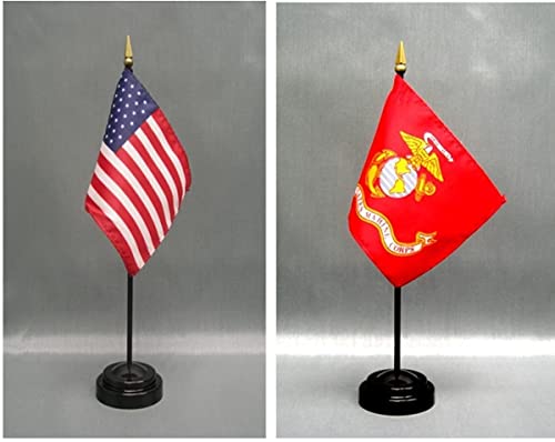 Made In The Usa. 1 American And 1 United States Marine Corps 4"X6" Miniature Desk & Table Flag, Includes 2 Flag Stands & 2 Small Mini Stick Flags #TOP23