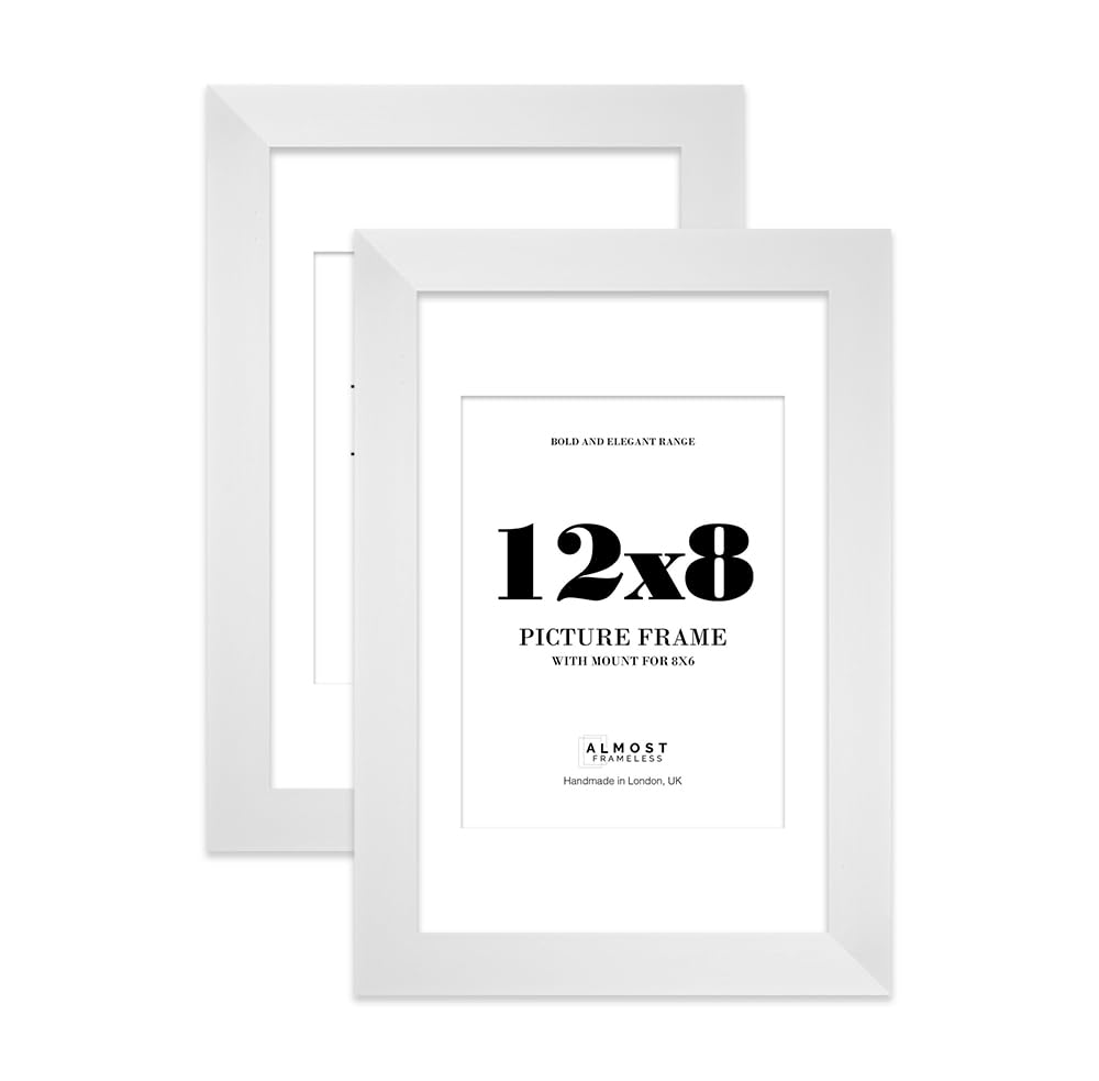 12x8 White Frame With Mount for 8x6 Pictures 28mm Edge Portrait and Landscape Display with Wall Hooks and Kickstand, 2 Pack