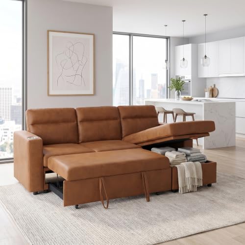 Image of KEIKI 82.5 inch Sleeper L Shaped Sofa with Pull Out Bed,