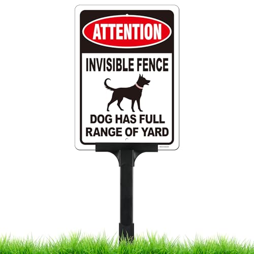 Attention Invisible Fence Dogs Sign with Adjustable Height Stake Set, Dog Has Full Range of Yard, Beware of Dog Sign,10x7 Inch/42 Inch High-50-mil Thick Reflective Aluminum -Plug and Play Ready