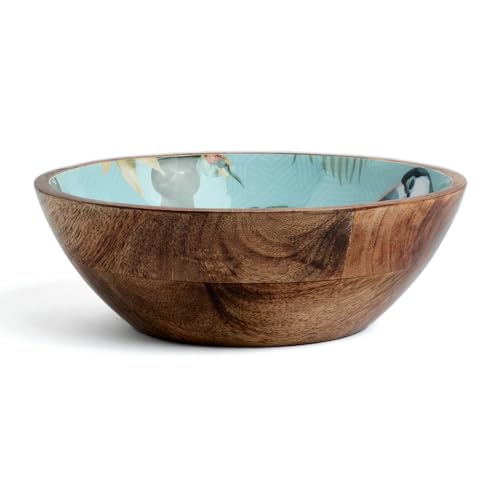 Image of SAAGA Printed Mango Wood Mixing Bowl - 8 x 2.5 Inch Large Stylish Wooden Serving Bowl for Salad, Fruits, Snacks & Curries - Tourmaline Finish