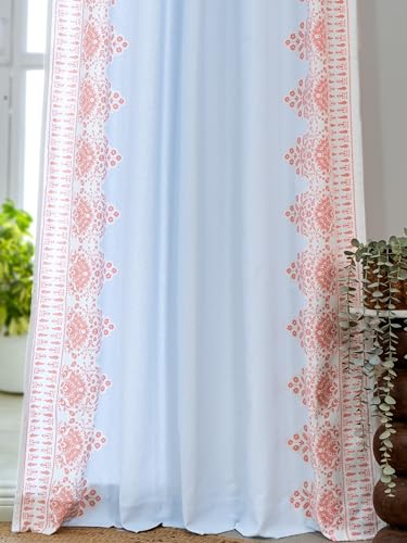 Image of Tranquebar Curtain Co. Window Curtains 5 Feet, 60-65% Room Darkening, Blue-Coral Floral Print, Cotton Curtains for Window, Cotton Curtains 5 Feet Long Set of 2, BackTab Loops, Zia (152 cm) - Set of 2