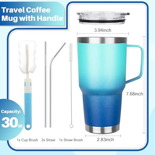 Image of 30 oz Tumbler with Handle, Stainless Steel Insulated Tumbler with Lid and Straw, Double Wall Vacuum Insulated Coffee Mug Tumbler, Insulated Coffee Thermal Cup for Cold and Hot (Light Dark Blue)