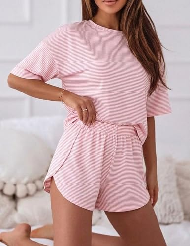Image of Womens Pajama Sets Shorts 2 Piece Striped Matching Pjs Set Summer Split Soft Comfy Lounge Sleepwear