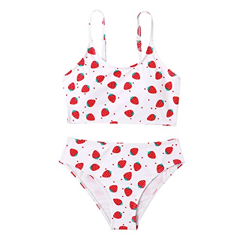 Traje de baño grande para niños y niñas, traje de baño deportivo de playa, tirantes delgados, bikini con estampado de fresa, conjunto de 2 piezas, bañador para mujer con parte superior, Blanco, 7-8