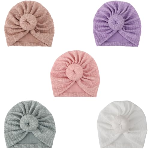 Image of DRESHOW BQUBO 5 Pieces Baby Turban Hats Turban Bun Knot Baby Infant Beanie Baby Girl Soft Cute Toddler Cap