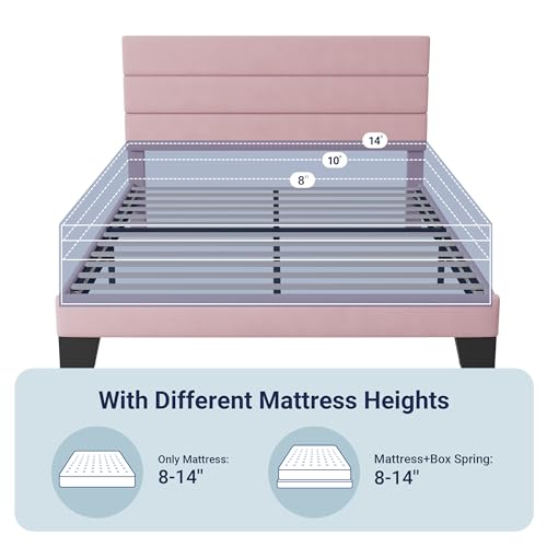 Allewie Full Size Platform Bed Frame with Velvet Upholstered Headboard and Wooden Slats Support, Fully Upholstered Mattress Foundation/No Box Spring Needed/Easy Assembly, Pink