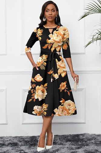 Image of CLOCOR Midi Dresses for Women Casual A-Line Fit and Flare Dress Crewneck 3 /4 Sleeve Keyhole Cocktail Party Church Dress