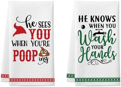 Funny Christmas Kitchen Towels, 2 Pack Holiday Collection Dish Towels, He Sees You When You're Pooping Hand Towel, Novelty Xmas Kitchen Bathroom Decorations, White Elephant Gag Gifts Stocking Stuffers