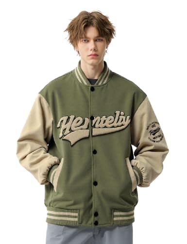 Men's Baseball Jacket, Military Green & Beige Color Block Casual & Daily Wear Unisex3