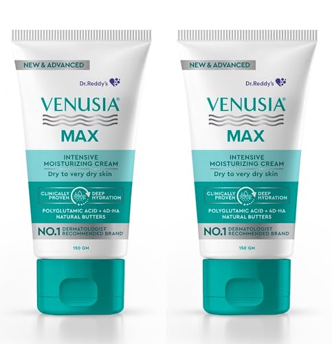 Image of Dr. Reddy's Venusia Max Intensive Moisturizing Cream | Dermatologist Recommended for Dry to Very Dry Skin | Clinically proven for up to 24 hrs. Moisturization | For Face & Body | Cocoa Butter, Mango Butter & Aloe Butter | 150g (Pack of 2).