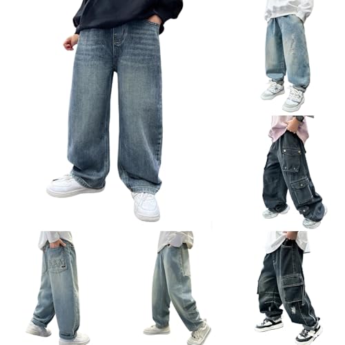 Boys Jeans Baggy Straight Wide Leg Jeans Elastic Waist Casual Loose Fit Denim Pants Y2K Streetwear with Pockets