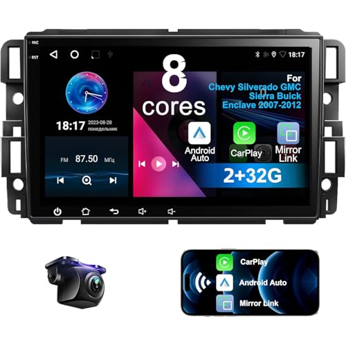 8 Core 2+32G Car Radio for Chevy Silverado GMC Sierra Buick Enclave 2007-2012 with Wireless CarPlay Android Auto, 8 inch HD Touchscreen Car Stereo Player with Backup Camera, AM/FM/RDS, AUX, DSP, SWC