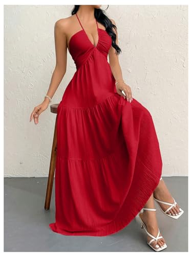 Image of SHENHE Women's Deep V Neck Tie Knot Backless Halter Dress A Line Flowy Ruffle Maxi Dress