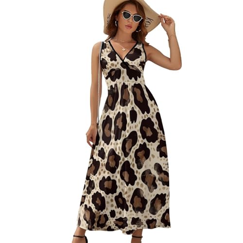 Robe imprimés de léopard tacheté sans manches col en V pour style bohème