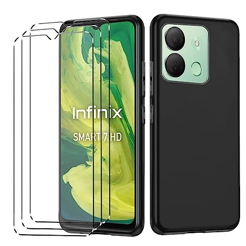 [4 in 1] Case Compatible with Infinix Smart 7 HD Cover with 3 Pack Tempered Glass Screen Protector for Infinix Smart 7 HD, Slim Fit Soft TPU Shockproof Anti-Scratch Phone Case Cover - Black