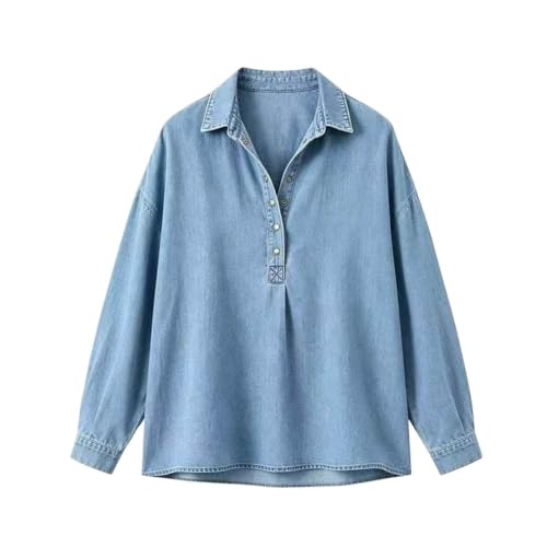 Oversized Denim Shirt Women Long Sleeve Button Up Collared Neck Polo Tops - image 4