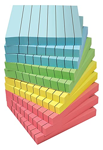 Lined Sticky Notes 3 x 3, 10 Pack, 1,000 Sheets (100/Pad), Self Stick Notes with Lines, Assorted Pastel Colors, by Better Office Products, Post Memos, Strong Adhesive, 10 Pads